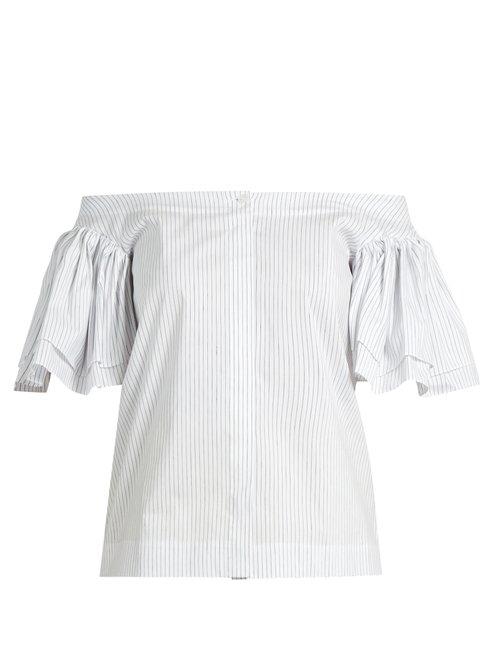 Matchesfashion.com Isa Arfen - Ruffled Off The Shoulder Cotton Blend Poplin Top - Womens - White Multi
