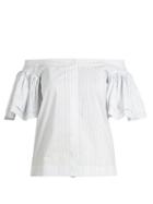 Matchesfashion.com Isa Arfen - Ruffled Off The Shoulder Cotton Blend Poplin Top - Womens - White Multi