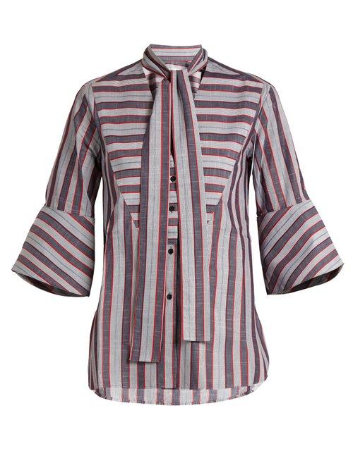 Matchesfashion.com Palmer//harding - Striped Pussybow Neck Cotton Shirt - Womens - Blue Multi