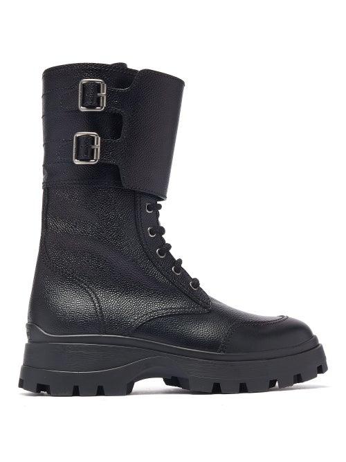 Matchesfashion.com Miu Miu - Buckled Lace Up Grained Leather Boots - Womens - Black