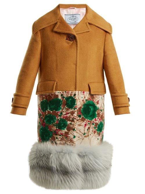 Matchesfashion.com Prada - Fur Hem Contrast Panel Cashmere Coat - Womens - Camel