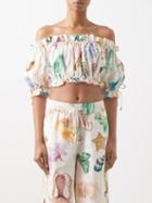 Ale Mais - Otto Atlantis-print Linen Cropped Top - Womens - Cream Print