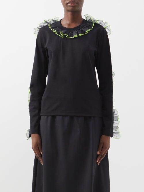 Noir Kei Ninomiya - Ruffle-trim Cotton-jersey Long-sleeve T-shirt - Womens - Black Yellow
