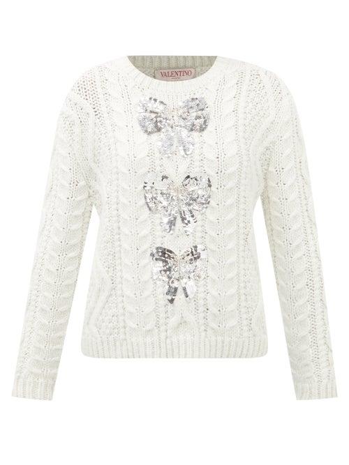 Valentino - Bow-tied Sequin Cable-knit Sweater - Womens - White Silver