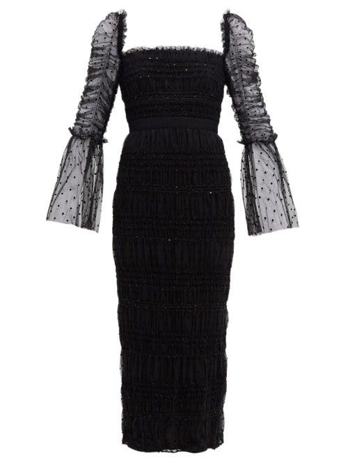Matchesfashion.com Self-portrait - Square-neck Ruched Polka-dot Tulle Dress - Womens - Black