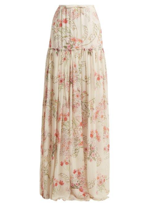 Matchesfashion.com Giambattista Valli - Lily Of The Valley Print Silk Georgette Skirt - Womens - White Print