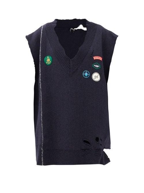 Matchesfashion.com Raf Simons - Aw16 Oversized Distressed-wool Sleeveless Sweater - Womens - Navy