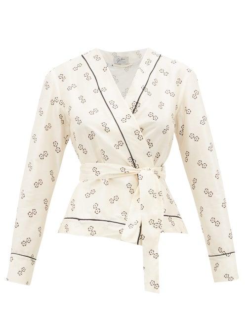 Matchesfashion.com Giuliva Heritage Collection - The Amanda Geometric Print Cotton Blend Wrap Top - Womens - Ivory Multi