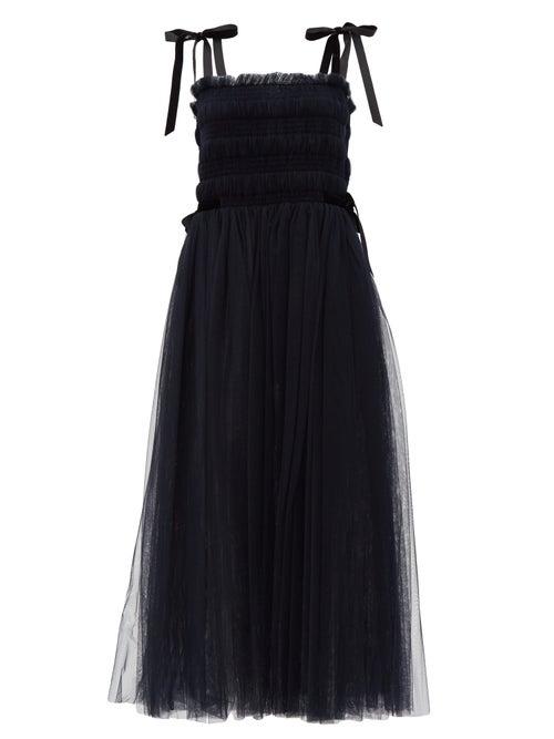 Matchesfashion.com Molly Goddard - Marta Velvet-ties Smocked Tulle Dress - Womens - Navy