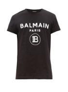 Matchesfashion.com Balmain - Flocked Logo Cotton T Shirt - Mens - Black