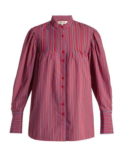 Matchesfashion.com Diane Von Furstenberg - Pleated Mandarin Collar Shirt - Womens - Red Stripe
