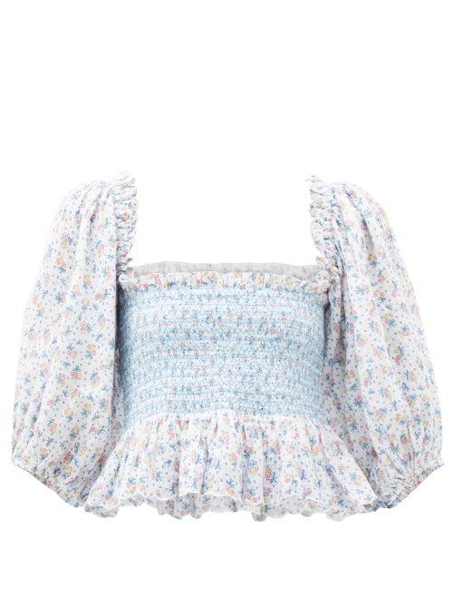 Matchesfashion.com Loveshackfancy - Shaw Floral-print Gathered Cotton-poplin Top - Womens - Blue Multi