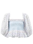Matchesfashion.com Loveshackfancy - Shaw Floral-print Gathered Cotton-poplin Top - Womens - Blue Multi