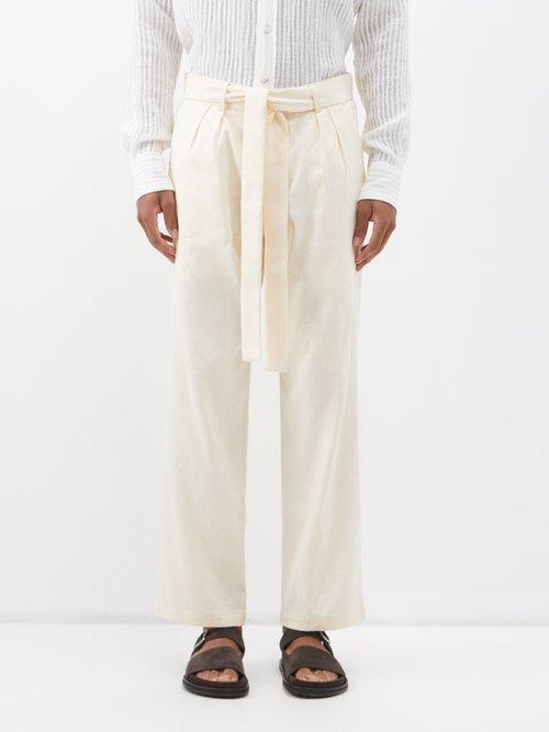 Commas - Belted-waist Linen-blend Trousers - Mens - Cream