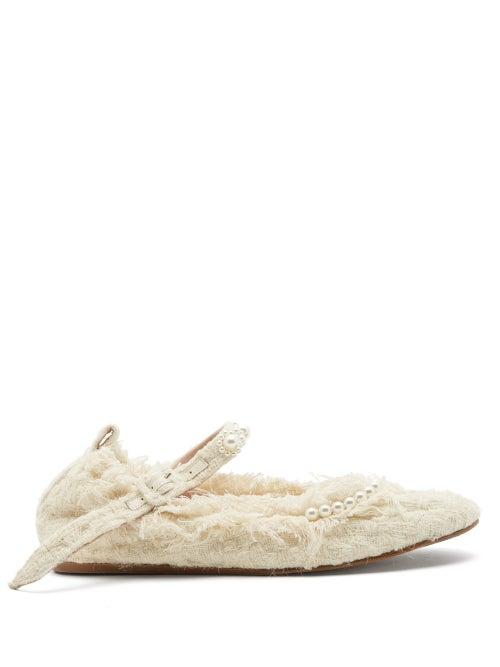 Matchesfashion.com Simone Rocha - Faux Pearl-embellished Tweed Mary Jane Flats - Womens - Cream