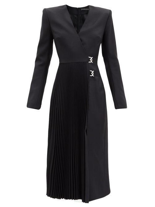 Matchesfashion.com David Koma - Knife-pleated Wool Wrap Dress - Womens - Black