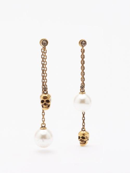 Alexander Mcqueen - Faux Pearl And Skull Crystal-embellished Earrings - Womens - Gold Multi