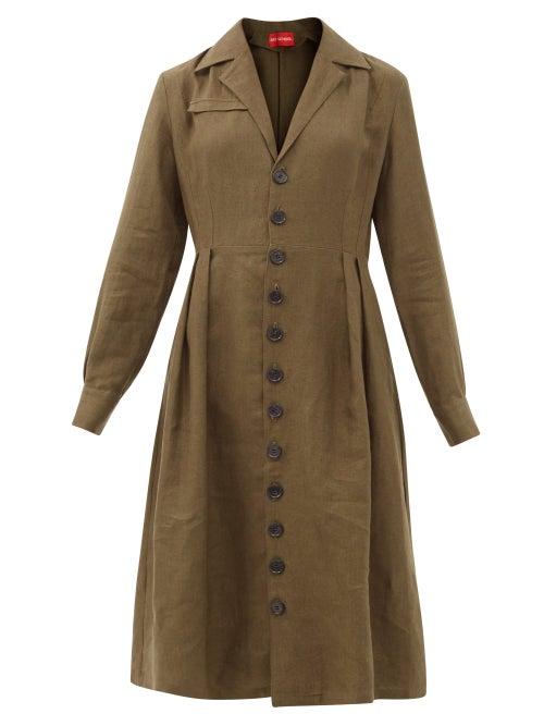Matchesfashion.com Art School - Nurse Cuban-collar Linen Midi Dress - Womens - Khaki