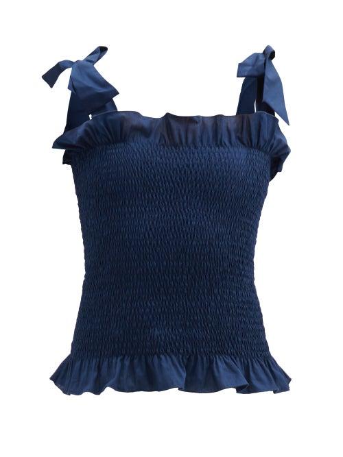Matchesfashion.com Loretta Caponi - Alma Tie-shoulder Shirred Cotton Top - Womens - Navy