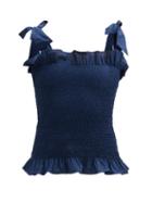 Matchesfashion.com Loretta Caponi - Alma Tie-shoulder Shirred Cotton Top - Womens - Navy
