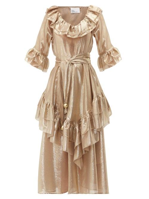 Matchesfashion.com Lisa Marie Fernandez - Laura Ruffled Metallic Midi Dress - Womens - Gold