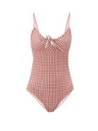 Matchesfashion.com Belize - Drindle Drawstring Gingham Seersucker Swimsuit - Womens - Red Print