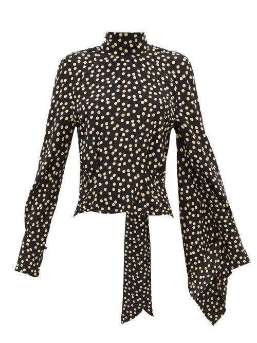 Matchesfashion.com Petar Petrov - Becke Asymmetric Sleeve Polka Dot Silk Blouse - Womens - Black White