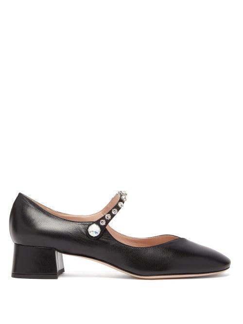 Matchesfashion.com Miu Miu - Crystal Embellished Leather Mary Jane Pumps - Womens - Black