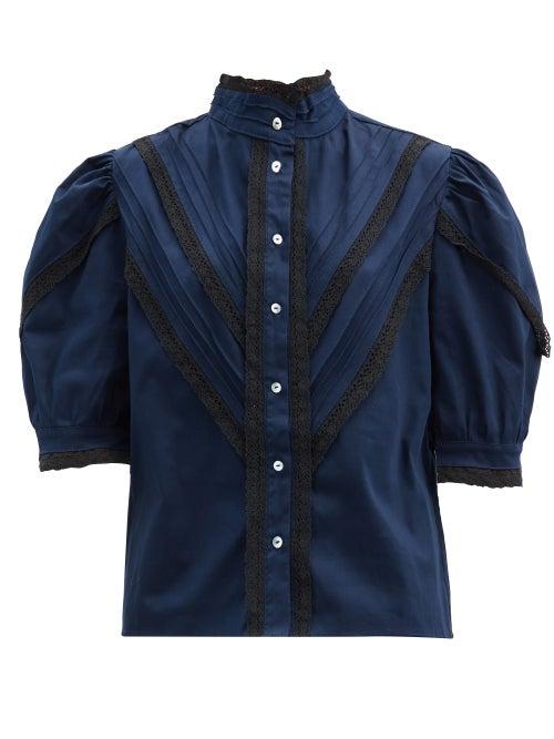 Matchesfashion.com Cheval Pampa - Yegua Lace-trim Cotton-blend Blouse - Womens - Navy