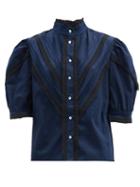 Matchesfashion.com Cheval Pampa - Yegua Lace-trim Cotton-blend Blouse - Womens - Navy