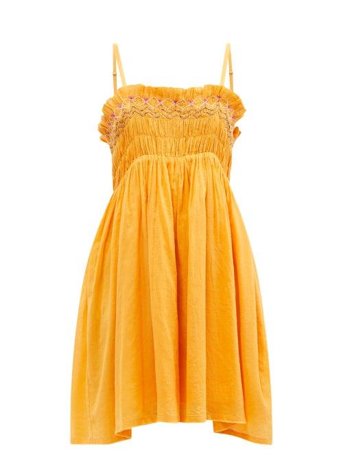 Ladies Beachwear Anaak - Rosa Shirred Cotton-khadi Mini Dress - Womens - Orange