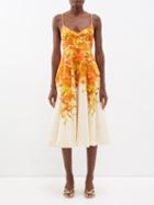 Zimmermann - High Tide Floral-print Linen Midi Dress - Womens - Orange Print