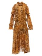 Matchesfashion.com Preen By Thornton Bregazzi - Jocelyn Snake-print Ruffled Devor Midi Dress - Womens - Yellow Print