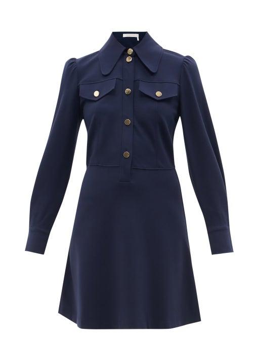 See By Chlo - Exaggerated-collar Jersey Shirt Dress - Womens - Navy