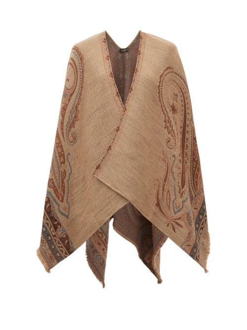 Matchesfashion.com Etro - Paisley Jacquard Wool Blend Fringed Cape - Womens - Brown