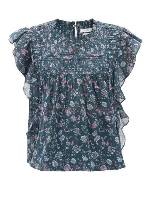 Isabel Marant Toile - Layona Cap-sleeve Floral-print Cotton Top - Womens - Green Multi