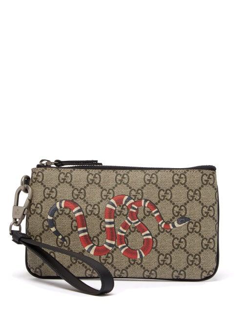 Matchesfashion.com Gucci - Snake-print Gg Supreme Pouch - Mens - Beige