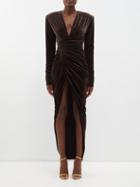 Alexandre Vauthier - V-neck Ruched Velvet Dress - Womens - Dark Brown