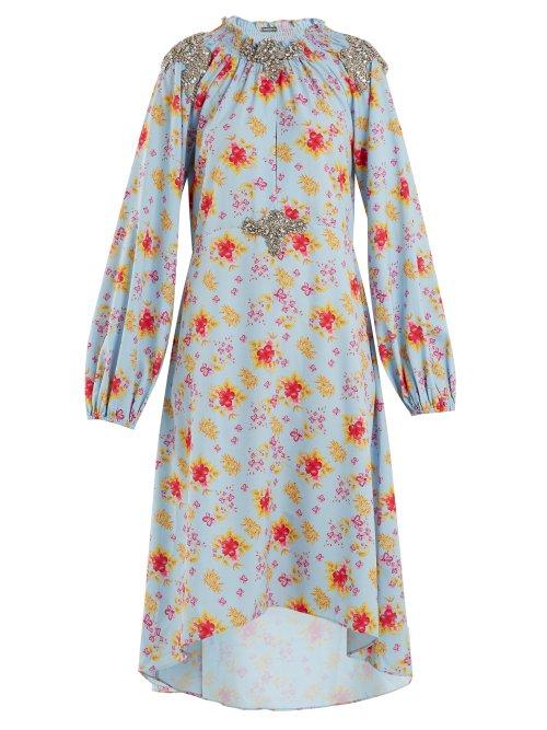 Matchesfashion.com Dodo Bar Or - Marisa Floral Print Crystal Embellished Dress - Womens - Blue Print