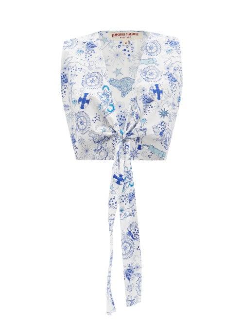Emporio Sirenuse - Sonia Printed Cotton-poplin Crop Top - Womens - Blue Print