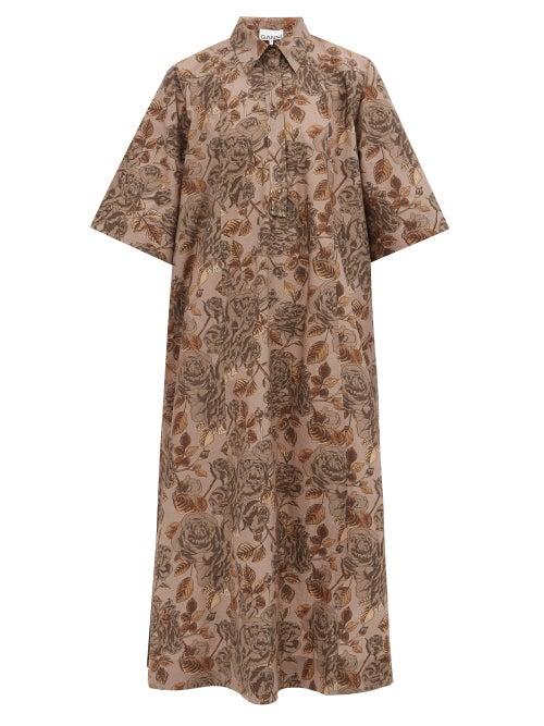 Matchesfashion.com Ganni - Leaf-print Poplin Shirt Dress - Womens - Brown Print