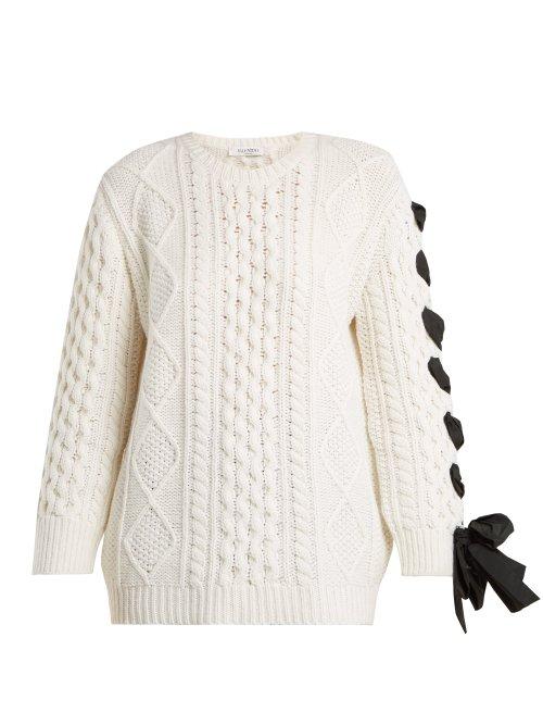 Matchesfashion.com Valentino - Laced Cable Knit Wool Sweater - Womens - White Black