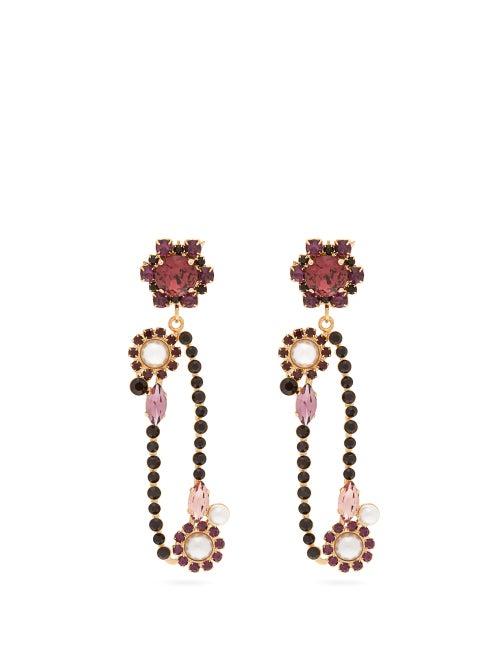 Matchesfashion.com Erdem - Crystal Embellished Floral Drop Oval Earrings - Womens - Purple