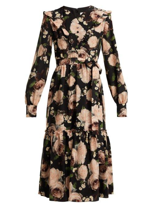 Matchesfashion.com Erdem - Georganna Dutch Petal Print Silk Midi Dress - Womens - Black Pink