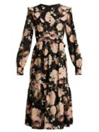 Matchesfashion.com Erdem - Georganna Dutch Petal Print Silk Midi Dress - Womens - Black Pink
