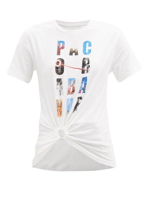 Matchesfashion.com Paco Rabanne - Logo-print Gathered Organic-cotton T-shirt - Womens - White Multi