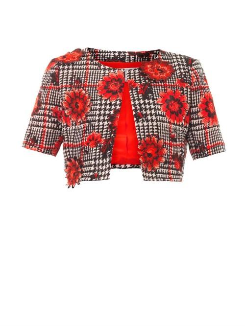 Oscar De La Renta Flower Embroidered Houndstooth Jacket