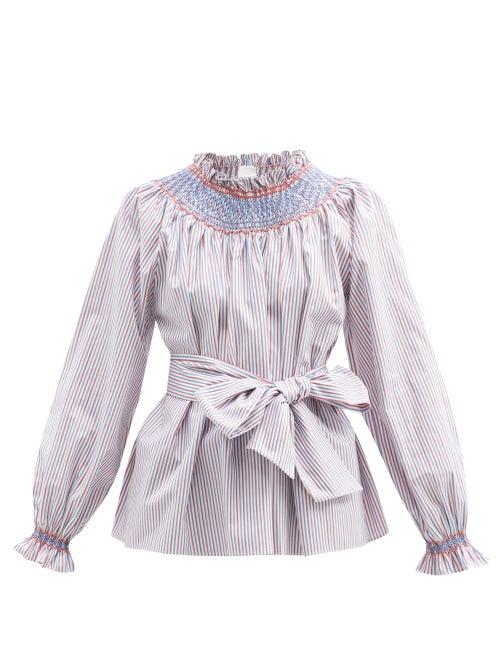 Matchesfashion.com Loretta Caponi - Maria Striped Cotton-poplin Blouse - Womens - Blue Stripe
