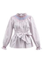 Matchesfashion.com Loretta Caponi - Maria Striped Cotton-poplin Blouse - Womens - Blue Stripe