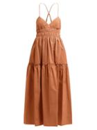 Matchesfashion.com Three Graces London - Emma Shirred Waist Cotton Midi Dress - Womens - Light Brown